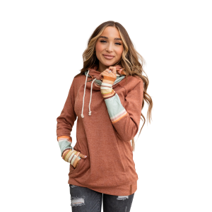Women's  Rust & Multi-Colored Stripes Doublehood Sweatshirt