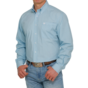 Men's  Light Blue Patterned Long Sleeve Button-Down Shirt
