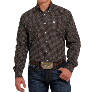 Men's  Brown Geometric Print Long Sleeve Button Down Shirt