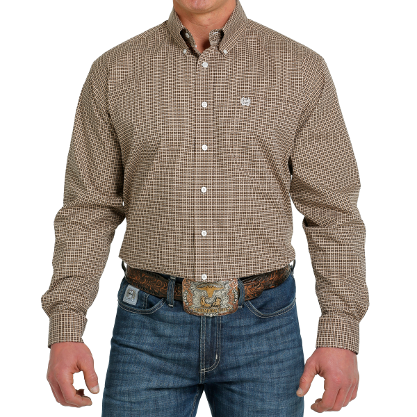 Brown Small Geo Print Long Sleeve Button Down Shirt