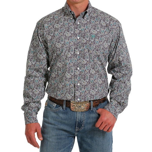 Gray/Teal/Gold Paisley Long Sleeve Button Down Shirt