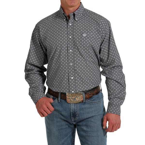 Long Sleeve Navy Geometric Button Down Shirt