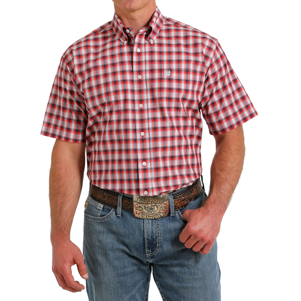 Red/Black/White Plaid Short Sleeve Button Down Shirt