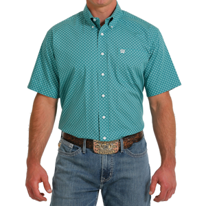 Men's  Turquoise Circle Geometric Short Sleeve Button Down Shirt