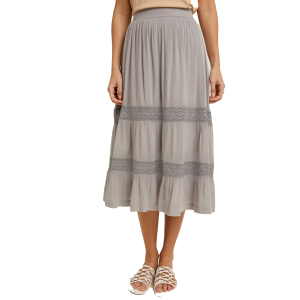 Women's  Tiered Midi Skirt with Crochet Lace Insert